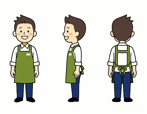 직업 캐릭터 디자인 옷 남자 일러스트 모션 표정 웃음 사람 초록색 세트 상점 디지털 앞치마 작업 방향 이모티콘 소상공인 국내일러스트 AI파일 컬러 경제 상인 파일형식 벡터