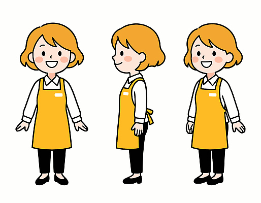 캐릭터 옷 여자 일러스트 모션 서기 미소 일상 앞모습 옆모습 판매 상점 앞치마 작업 계산대 고객 서비스 나란히 단체복 소상공인 국내일러스트 AI파일 직업 뷰포인트 표정 사람 라이프 경제 상인 파일형식 벡터