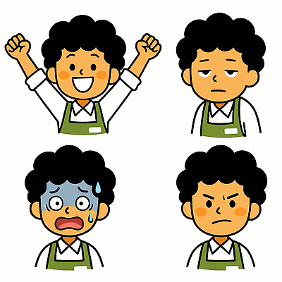 캐릭터 디자인 남자 감정 얼굴 컬러 일러스트 모션 표정 사람 친구 놀람 기쁨 슬픔 분노 표현 그림 아르바이트 소상공인 국내일러스트 AI파일 직업 관계 신체부위 경제 상인 파일형식 벡터