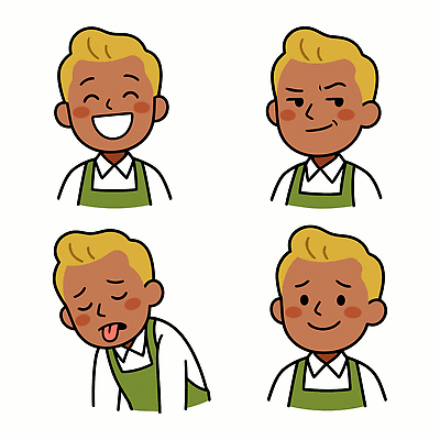 캐릭터 남자 감정 일러스트 표정 피곤 웃음 귀여움 분노 표현 그림 소상공인 국내일러스트 AI파일 직업 컨셉 사람 경제 상인 파일형식 벡터