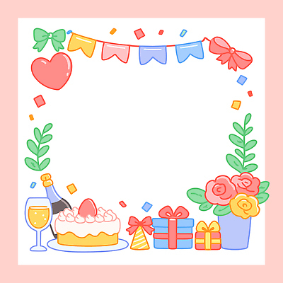 식물 기념일 감정 컨셉 관계 디저트 이벤트 야간 파일형식 벡터 생일 파티 장식 케이크 선물 꽃 음료 축하 모임 저녁 행복 즐거움 가족 친구 초대 코르크 풍선 리본 국내일러스트 일러스트 AI파일 프레임