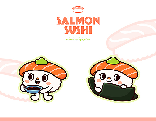 캐릭터 디자인 음식 일러스트 밥 요리 과자 귀여움 식사 초밥 김 해산물 즐거움 간장 연어 연어초밥 간편조리식품 일러캐릭터 AI파일 감정 컨셉 디저트 어류 양념 해조류 일본음식 파일형식 벡터