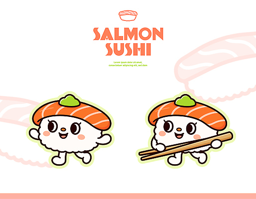 캐릭터 음식 일러스트 대화 요리 미소 걷기 귀여움 주방 일본 식사 초밥 전통음식 도시 회전 연어초밥 일러캐릭터 AI파일 전통 아시아 컨셉 모션 표정 말하기 연어 일본음식 파일형식 벡터