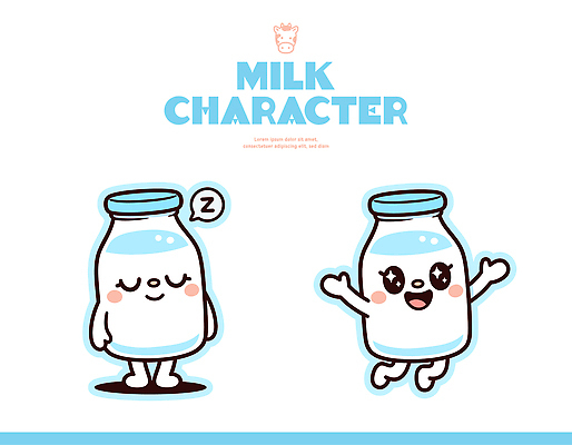 캐릭터 감정 컨셉 병_용기 유제품 표정 파란색 우유 파일형식 벡터 귀여움 유리병 표현 디자인 소통 즐거움 하늘색 웃음 아기자기 단순화된 일러캐릭터 일러스트 AI파일 우유병