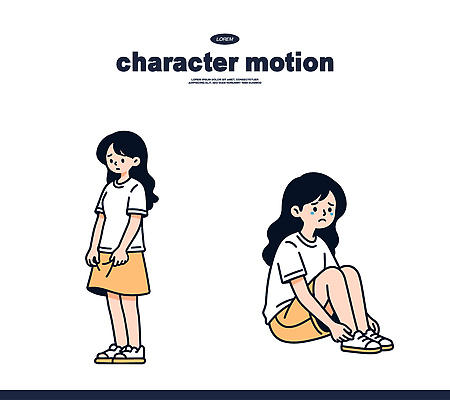 캐릭터 디자인 감정 포즈 일러스트 모션 커뮤니케이션 앉기 소녀 슬픔 표현 자신감 그림 단순화된 국내일러스트 AI파일 여자 어린이 파일형식 벡터