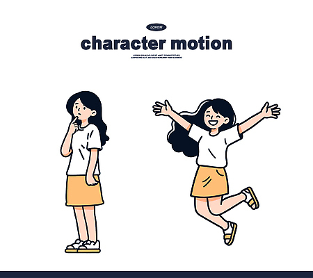 캐릭터 디자인 여자 감정 포즈 일러스트 모션 상상 미소 달리기 기쁨 표현 즐거움 고민 창의력 국내일러스트 AI파일 표정 사람 파일형식 벡터