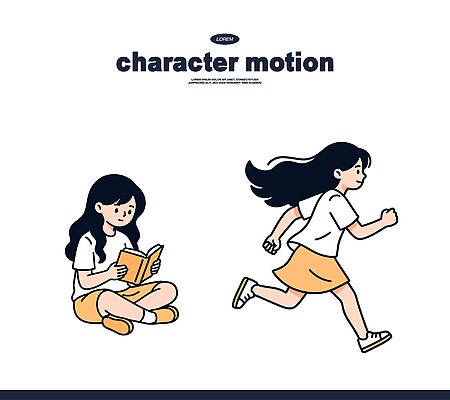 캐릭터 어린이 일러스트 모션 상상 서기 앉기 소녀 일상 책 달리기 머리카락 집중 읽기 즐거움 키_신체 열정 장면 국내일러스트 AI파일 여자 감정 컨셉 신체 사람 라이프 머리 파일형식 벡터