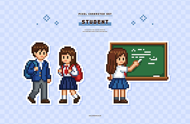 캐릭터 학생 교육 교복 유니폼 가방 일러스트 교실 수업 초등학교 대화 친구 학습 손들기 교사 칠판 교양 발표 중학교 픽셀 국내일러스트 AI파일 직업 잡화 옷 학교 관계 모션 말하기 파일형식 벡터