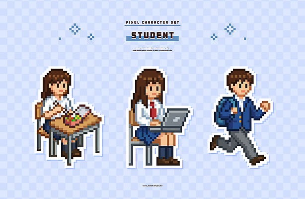 캐릭터 학생 디자인 여학생 교복 음식 남학생 의자 가방 일러스트 교실 학교 모션 탁자 수업 학습 컴퓨터 달리기 디지털 픽셀 국내일러스트 AI파일 잡화 옷 여자 교육 남자 가구 전자제품 파일형식 벡터
