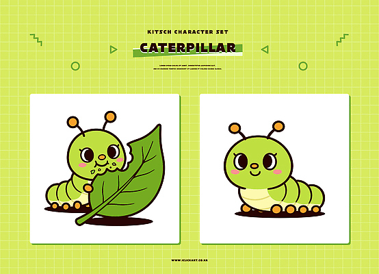 식물 캐릭터 디자인 컬러 잎 신체 일러스트 웃음 초록색 귀여움 먹기 묘사 그림 애벌레 길이 특징 일러캐릭터 AI파일 컨셉 모션 표정 벌레 파일형식 벡터