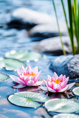 자연요소 식물 계절 꽃 컬러 잎 물 CG 생태계 수영용품 파일형식 AI콘텐츠 연꽃 돌_바위 자연 수면 연습 장면 물안경 노란색 분홍색 여름 수중식물 편집실사 JPG 편집이미지 연잎 봄 AI포토