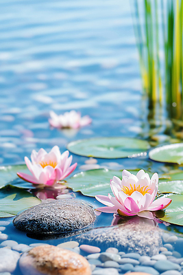 JPG 식물 편집이미지 자연 연꽃 물 여름 햇빛 반사 환경 봄 돌_바위 연못 수면 수중식물 연잎 조용 뷰티풀 편집실사 AI포토 AI콘텐츠 자연요소 계절 꽃 잎 태양 CG 생태계 파일형식