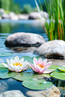 자연요소 식물 계절 꽃 잎 물 CG 생태계 파일형식 AI콘텐츠 연꽃 연못 자연 정원 수면 수중식물 여름 풍경 편집실사 JPG 편집이미지 연잎 봄 AI포토