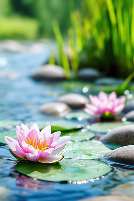 JPG 식물 편집이미지 꽃 자연 연꽃 풍경 야외 초록색 물 여름 봄 돌_바위 연못 수면 수중식물 연습 연잎 편집실사 AI포토 AI콘텐츠 자연요소 계절 컬러 잎 CG 생태계 파일형식