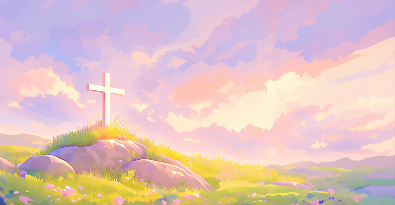 JPG 꽃 기독교 종교 여유 컬러 십자가 일러스트 자연 하늘 풍경 잔디 초원 야외 평화 노을 일몰 돌_바위 기도 복음 풍경화 국내일러스트 AI일러스트 AI콘텐츠 자연요소 식물 감정 컨셉 그림 생태계 파일형식