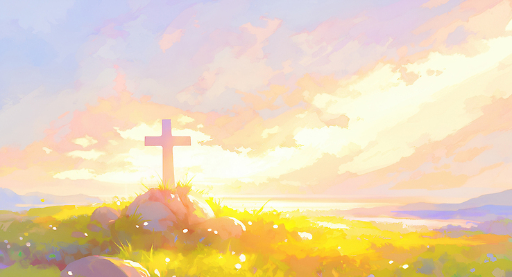 주간 자연요소 종교 미술 노을 그림 생태계 파일형식 AI콘텐츠 십자가 언덕 태양 돌_바위 하늘 빛 자연 풍경 동양화 일출 아침 고요 연못 따뜻함 풍경화 국내일러스트 일러스트 JPG 일몰 기독교 AI일러스트
