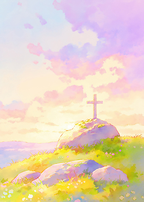 JPG 꽃 기독교 컬러 십자가 일러스트 자연 하늘 풍경 초원 태양 평화 노을 일몰 공간 돌_바위 저녁 기념비 언덕 조화 국내일러스트 AI일러스트 AI콘텐츠 자연요소 식물 종교 컨셉 야간 생태계 파일형식