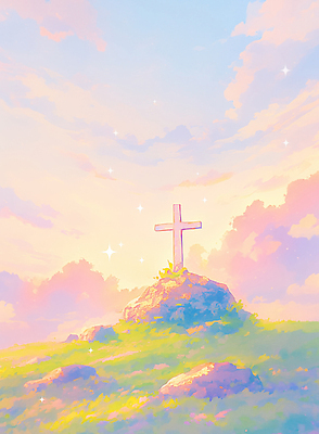 JPG 기독교 종교 예술 컬러 십자가 일러스트 자연 하늘 풍경 빛 평화 일몰 기도 변화 저녁 언덕 뷰티풀 영감 국내일러스트 AI일러스트 AI콘텐츠 컨셉 노을 밤 야간 생태계 파일형식