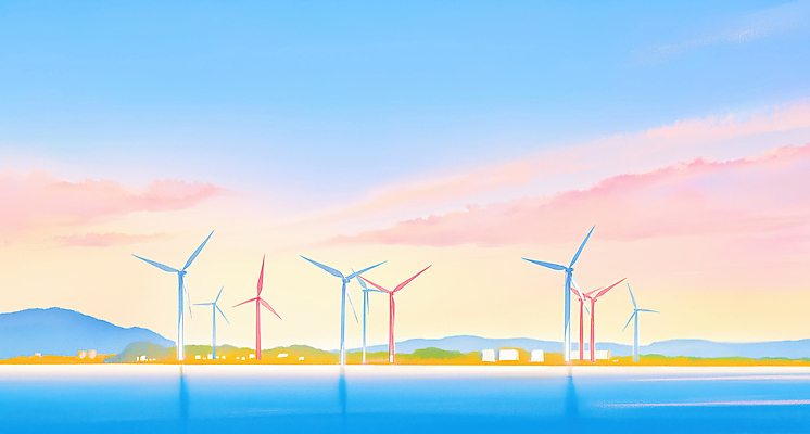 JPG 바다 분홍색 일러스트 자연 하늘 바람 산 풍경 해변 건물 파란색 환경 발전소 에너지 그린에너지 저녁 에코 풍력기 기후변화 국내일러스트 AI일러스트 AI콘텐츠 자연요소 건축물 컬러 날씨 변화 풍력에너지 야간 생태계 파일형식