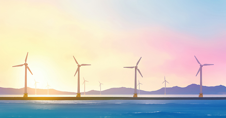 자연요소 바다 컨셉 날씨 노을 환경 에너지 변화 그린에너지 풍력에너지 생태계 파일형식 AI콘텐츠 풍력기 일출 하늘 자연 발전소 풍차 해변 풍경 전기에너지 기술 발전 기후변화 태양 국내일러스트 일러스트 JPG 에코 AI일러스트