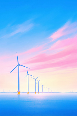 JPG 바다 컬러 일러스트 자연 하늘 기술 태양 환경 기계 발전소 에너지 그린에너지 풍력에너지 전기에너지 에코 수국 풍력기 전환 수평선 국내일러스트 AI일러스트 AI콘텐츠 자연요소 꽃 생태계 파일형식