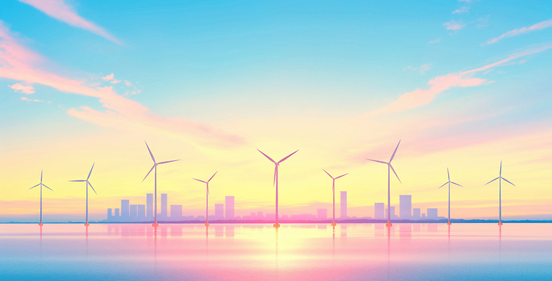 컬러 컨셉 모션 풍경 물 노을 환경 에너지 그린에너지 풍력에너지 생태계 파일형식 AI콘텐츠 바람개비 도시 일몰 하늘 노란색 분홍색 물가 자연 날씨 대기 발전 친환경 기상 수면 국내일러스트 일러스트 JPG 풍력기 바다 에코 AI일러스트