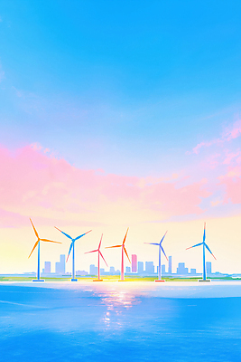 JPG 바다 분홍색 일러스트 자연 하늘 바람 풍경 해변 파란색 반사 평화 일출 환경 일몰 발전소 에너지 도시 그린에너지 풍력에너지 바람개비 에코 풍력기 수평선 국내일러스트 AI일러스트 AI콘텐츠 자연요소 컬러 컨셉 날씨 노을 생태계 파일형식
