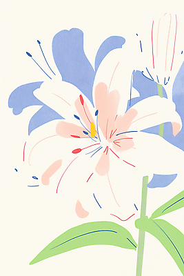 JPG 식물 디자인 꽃잎 꽃 예술 선 컬러 백그라운드 잎 일러스트 자연 초록색 파란색 흰색 그리기 개화 백합 이미지 장면 국내일러스트 AI일러스트 AI콘텐츠 모션 생태계 파일형식