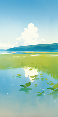 JPG 호수 일러스트 자연 하늘 바람 산 풍경 초록색 물 여름 반사 평화 봄풍경 물가 수면 수중식물 숲 생태계 논밭 국내일러스트 AI일러스트 AI콘텐츠 자연요소 식물 계절 컬러 컨셉 밭 날씨 논 봄 파일형식