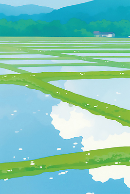 JPG 식물 계절 농업 일러스트 자연 하늘 날씨 논 풍경 야외 초록색 물 파란색 농작물 반사 봄풍경 수확 농촌 수조 지형 논밭 국내일러스트 AI일러스트 AI콘텐츠 자연요소 산업 컬러 밭 봄 시골 생태계 파일형식