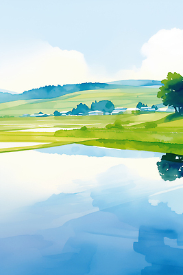 JPG 일러스트 자연 하늘 주택 논 풍경 초원 초록색 물 강 반사 봄풍경 수면 숲 구경 조화 논밭 평야 국내일러스트 AI일러스트 AI콘텐츠 자연요소 컬러 밭 농업 건물 봄 생태계 파일형식