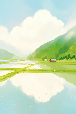 JPG 농업 일러스트 자연 하늘 논 풍경 야외 초록색 물 여름 빛 농장 반사 평화 환경 봄풍경 농촌 시골 언덕 지역 논밭 국내일러스트 AI일러스트 AI콘텐츠 자연요소 계절 산업 컬러 컨셉 밭 봄 생태계 파일형식