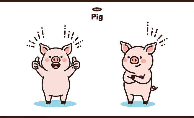 동물 캐릭터 디자인 감정 상징 일러스트 놀이 웃음 손짓 팔짱 귀여움 기쁨 엄지손가락 표현 돼지 그림 돼지캐릭터 단순화된 역할 일러캐릭터 AI파일 동물캐릭터 컨셉 포유류 손가락 모션 표정 파일형식 벡터