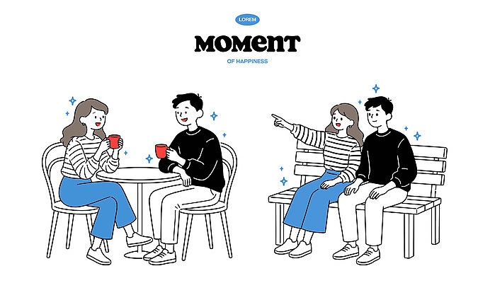 행복 감정 커피 벤치 일러스트 대화 웃음 앉기 손짓 취미 친구 카페 만남 마시기 즐거움 소통 순간 국내일러스트 AI파일 음료 컨셉 의자 관계 모션 표정 말하기 상점 파일형식 벡터