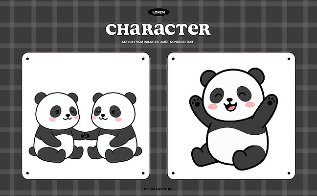 캐릭터 컨셉 무늬 곰 관계 촬영기법 신체부위 예절 파일형식 벡터 판다 동물 손 인사 귀여움 그림 흑백 백그라운드 체크무늬 상호작용 친구 상징 표현 일러캐릭터 AI파일 일러스트