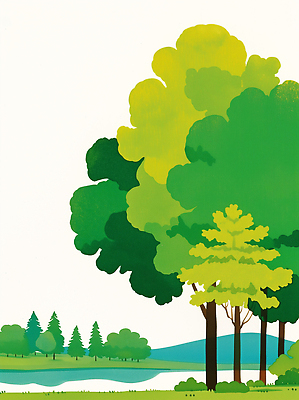 JPG 나무 식물 잎 일러스트 자연 풍경 잔디 야외 초록색 연두색 물 여름 강 평화 봄 숲 강가 그림 싱그러움 국내일러스트 AI일러스트 AI콘텐츠 자연요소 계절 컬러 컨셉 생태계 파일형식