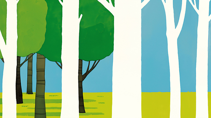 JPG 나무 식물 디자인 예술 줄기 백그라운드 잎 일러스트 자연 하늘 풍경 초원 그래픽 초록색 파란색 흰색 숲 단순화된 미니멀리스트 국내일러스트 AI일러스트 AI콘텐츠 컬러 생태계 파일형식
