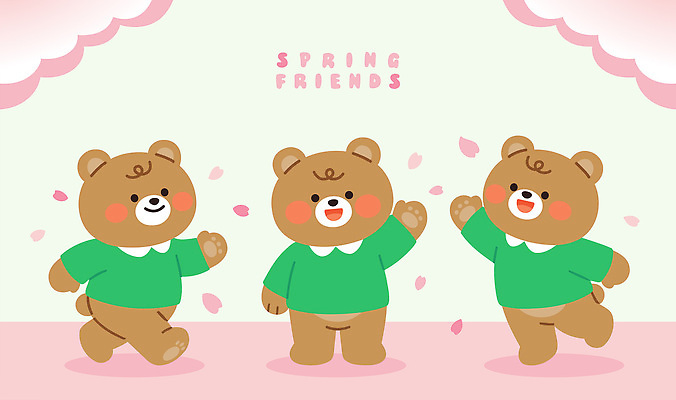 동물 캐릭터 옷 행복 분홍색 일러스트 곰 미소 연두색 친구 걷기 봄 곰인형 벚꽃 즐거움 손흔들기 국내일러스트 AI파일 계절 꽃 감정 인형 컬러 포유류 관계 모션 표정 초록색 파일형식 벡터