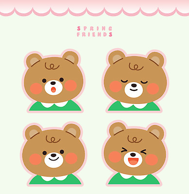동물 캐릭터 행복 분홍색 스티커 일러스트 곰 표정 미소 웃음 초록색 친구 갈색 귀여움 봄 곰인형 벡터 국내일러스트 AI파일 계절 감정 인형 컬러 컨셉 포유류 관계 파일형식