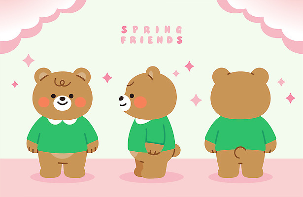 동물 캐릭터 디자인 별 분홍색 백그라운드 셔츠 일러스트 곰 미소 웃음 초록색 친구 갈색 귀여움 봄 국내일러스트 AI파일 자연요소 계절 컬러 컨셉 상의 포유류 관계 표정 파일형식 벡터