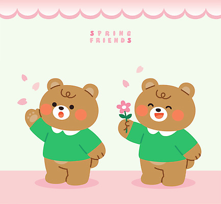 캐릭터 손 옷 꽃 행복 분홍색 백그라운드 두마리 일러스트 곰 미소 웃음 초록색 친구 귀여움 봄 곰인형 벚꽃 흔들림 국내일러스트 AI파일 식물 동물 계절 감정 인형 컬러 컨셉 2 포유류 관계 모션 표정 신체부위 파일형식 벡터