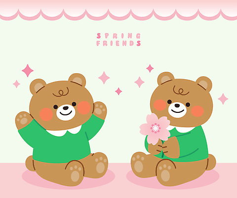 캐릭터 꽃 행복 분홍색 일러스트 곰 사랑 미소 웃음 앉기 친구 귀여움 봄 우정 곰인형 벚꽃 즐거움 손흔들기 국내일러스트 AI파일 식물 동물 계절 감정 인형 컬러 컨셉 포유류 관계 모션 표정 파일형식 벡터