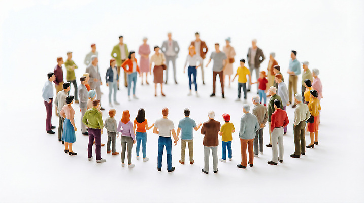 JPG 편집이미지 협력 여러명 미니어처 다양 모임 원형 그룹 화합 조화 소통 공동체 연대 포용 편집실사 AI포토 AI콘텐츠 도형 다수 컨셉 사람 모형 CG 파일형식