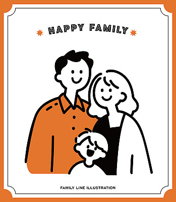 캐릭터 디자인 행복 아들 어린이 라인일러스트 일러스트 가족 따뜻함 사랑 미소 웃음 부모 검은색 주황색 흰색 심플 유대감 미니멀 국내일러스트 AI파일 감정 컬러 관계 표정 사람 파일형식 벡터