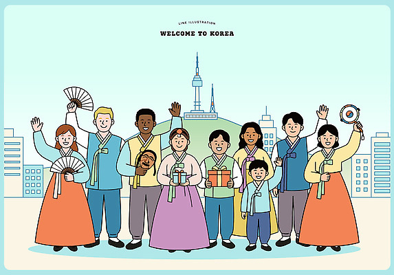 외국인 전통 손 행복 문화 백그라운드 일러스트 가족 서울 한국 미소 이벤트 여러명 탑 다양 인사 그룹 한복 오브젝트 방문 환영 공동체 국내여행 웰컴 국내일러스트 AI파일 한국전통 건축물 감정 아시아 여행 다수 관계 표정 사람 인종 신체부위 예절 전통의상 파일형식 벡터