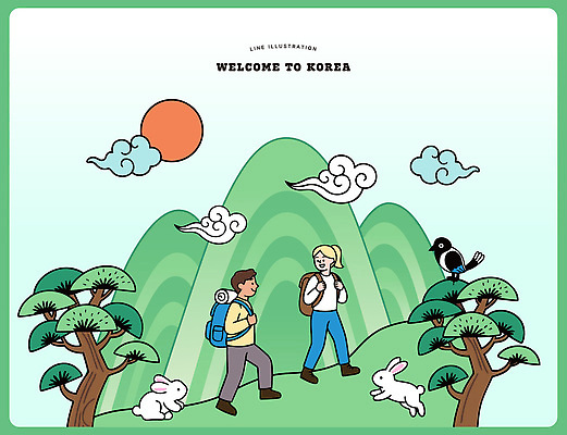 외국인 동물 여행 일러스트 배낭 모션 자연 조류 산 한국 풍경 여러명 친구 태양 산책 등산 하이킹 탐험 토끼 즐거움 환영 국내여행 웰컴 국내일러스트 AI파일 자연요소 감정 아시아 다수 가방 포유류 관계 레저 휴식 사람 인종 반려동물 트래킹 생태계 파일형식 벡터