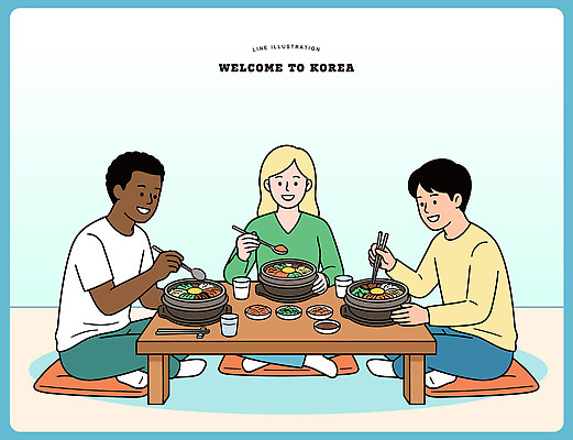 외국인 행복 문화 음료 한식 음식 일러스트 탁자 밥 반찬 한국 대화 여러명 일상 친구 식사 모임 면류 즐거움 국 환영 소통 국내여행 웰컴 회식 국내일러스트 AI파일 감정 아시아 여행 가구 다수 컨셉 관계 말하기 사람 인종 라이프 파일형식 벡터