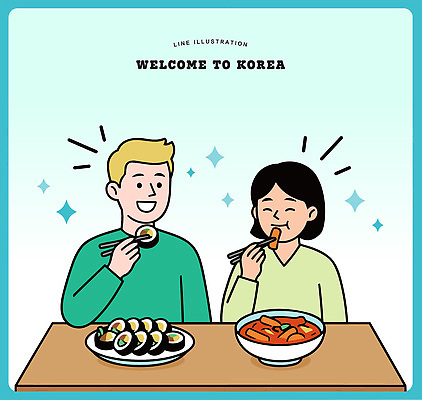 외국인 전통 여자 남자 문화 한식 음식 일러스트 탁자 김치 한국 함께함 요리 사람 초밥 만남 맛 먹기 즐거움 환영 국내여행 웰컴 국내일러스트 AI파일 감정 아시아 여행 가구 컨셉 모션 인종 일본음식 파일형식 벡터