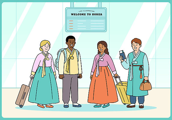 외국인 문화 여행 가방 일러스트 가족 기념 한국 여러명 친구 공간 모임 기다림 공항 전통의상 한복 도착 고객 즐거움 환영 국내여행 웰컴 국내일러스트 AI파일 한국전통 전통 잡화 감정 아시아 다수 관계 교통시설 모션 사람 인종 파일형식 벡터