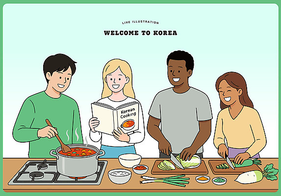 외국인 한식 음식 채소 일러스트 재료 가족 한국 함께함 요리 사람 책 친구 학습 주방 저녁 레시피 요리중 환영 건강식 국내여행 웰컴 국내일러스트 AI파일 교육 아시아 여행 컨셉 관계 모션 인종 야간 파일형식 벡터